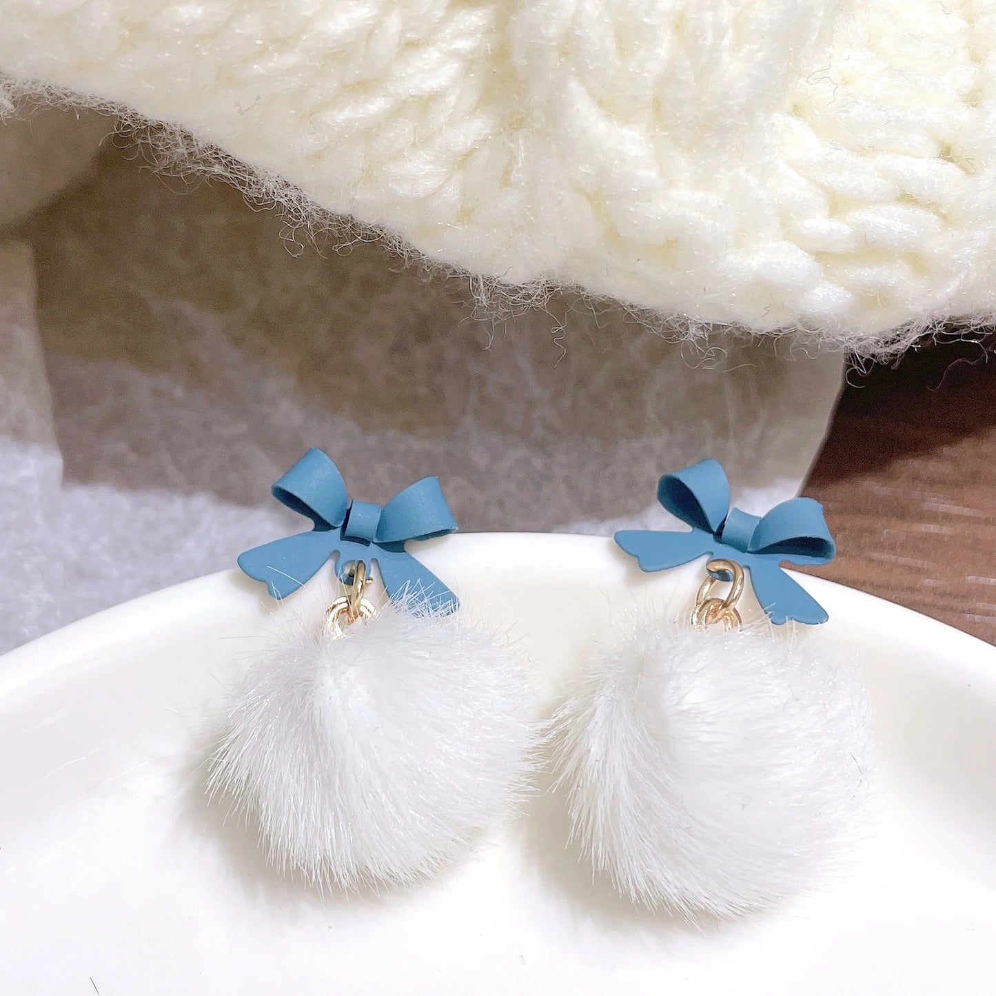 Korean Pink Drop Dangle Earrings for Women Girls Cute Fluffy Ball Bow Pom Earring Fall Winter Kawaii Christmas Kids Jewelry