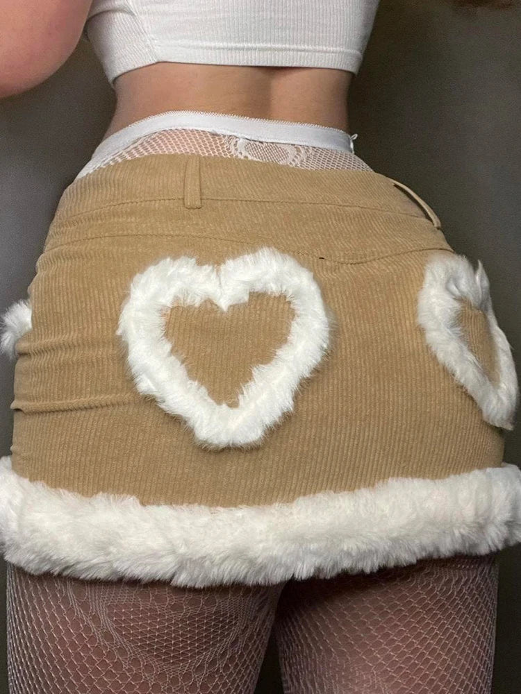 Weekeep Chic Furry Heart Stitched Skirt Vintage Women Low Rise Pencil Mini Skirts Harajuku Autumn Corduroy Outfits Japanese y2k