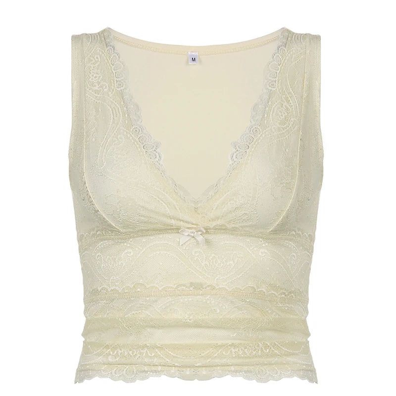 Cuteandpsycho Retro Fairycore Y2K Kawaii Tank Tops Lace Patchwork V-neck Sleeveless Slim Crop Camis Fashion 2000s Sexy Clothes