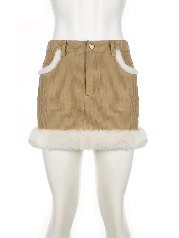 Weekeep Chic Furry Heart Stitched Skirt Vintage Women Low Rise Pencil Mini Skirts Harajuku Autumn Corduroy Outfits Japanese y2k