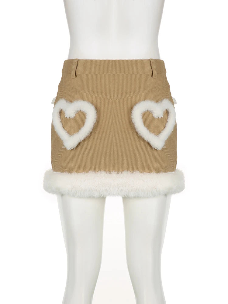 Weekeep Chic Furry Heart Stitched Skirt Vintage Women Low Rise Pencil Mini Skirts Harajuku Autumn Corduroy Outfits Japanese y2k