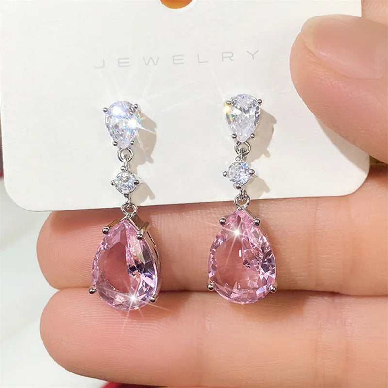 Huitan Temperament Sweet Pink Pear Cubic Zirconia Drop Earrings Women Engagement Party Exquisite Ear Accessories Fashion Jewelry