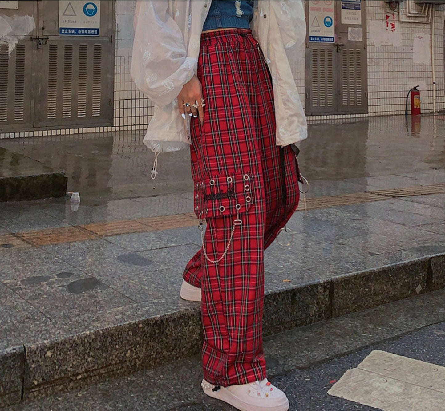 Gothic goth emo Punk Cargo Plaid Pants Women Gothic Harajuku Red Checkered Wide Leg Trousers pants Female Autumn Streetwear Hippie Fashion # 194