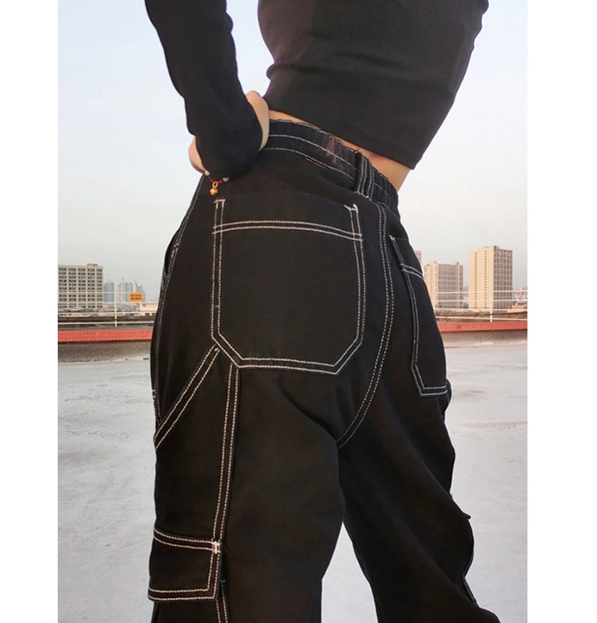 Gothic goth emo Pockets Patchwork Baggy Jeans Fashion Streetwear 100% Cotton Women Denim Trouser Loose Cargo Pants Korean Jeans Harajuku # 203