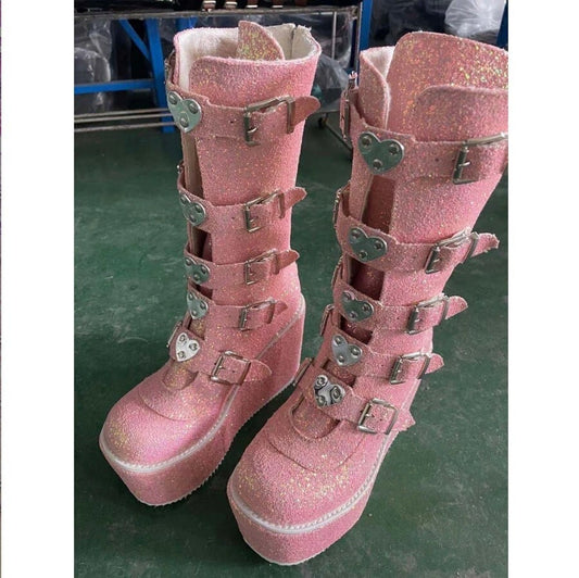Glitter pink platform boots goth bimbo alt shiny platform boots Gothic Style Cool Punk Boots Platform Wedges High Heels Calf Boots Shoes # 38