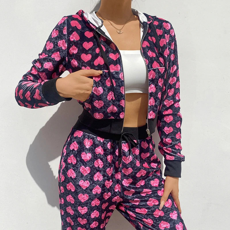 2021 Heart Printed Pink Cute Crop Top Jacket Long sleeve Long pants sweatsuit Autumn Velvet Coat Pocket Patchwork Baseball Jacket Harajuku Winter