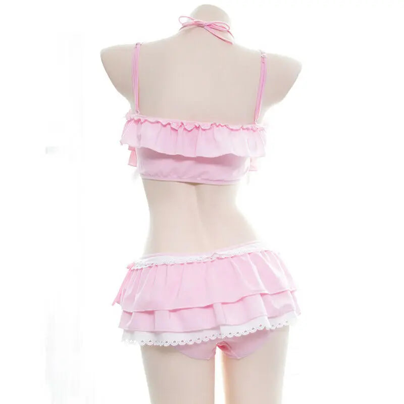 Cute Girls Lolita Ruffle Bikini Sukumizu Cosplay Pink And Black Color Swimsuit Hollowed Multilayer Hem Biquini Women Swimwear