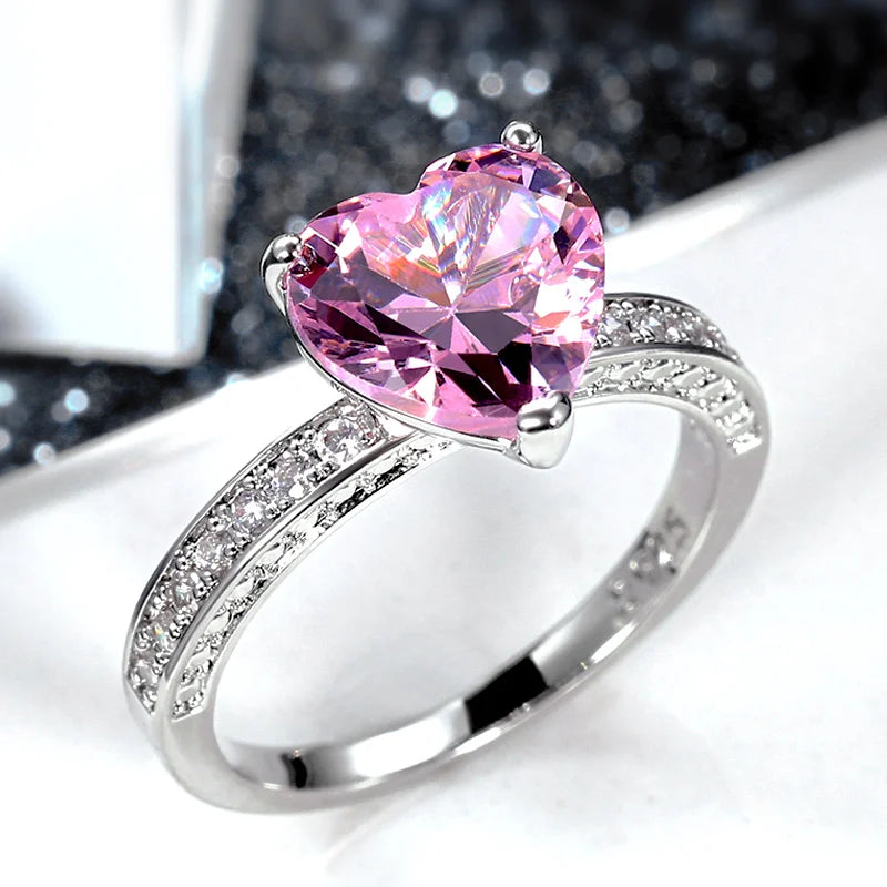 Huitan Luxury Solitaire Women Heart Engagement Rings AAA Pink Cubic Zirconia Proposal Rings For Girlfriend Anniversary Gift