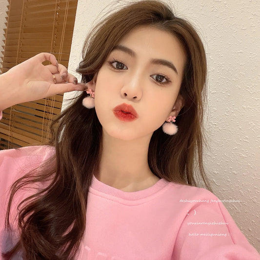 Korean Pink Drop Dangle Earrings for Women Girls Cute Fluffy Ball Bow Pom Earring Fall Winter Kawaii Christmas Kids Jewelry