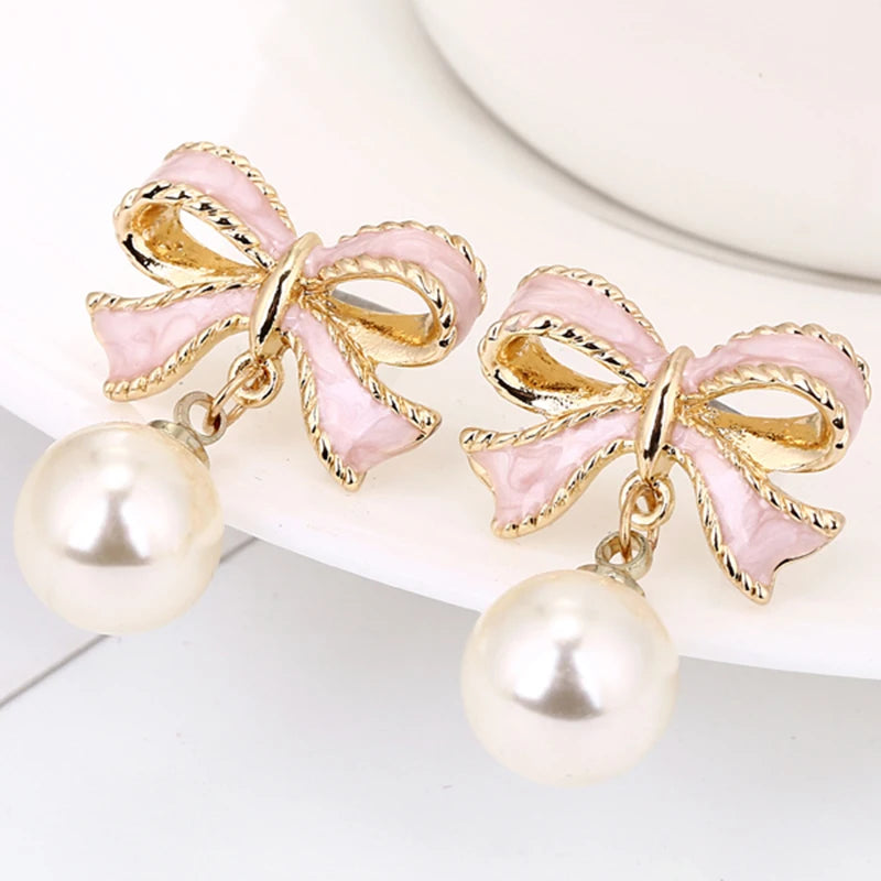 Hot Fashion Cute Pink Bow Earrings Imitation Pearl Earrings Upscale Wedding For Women Girls Party Jewelry Gifts New E8972020