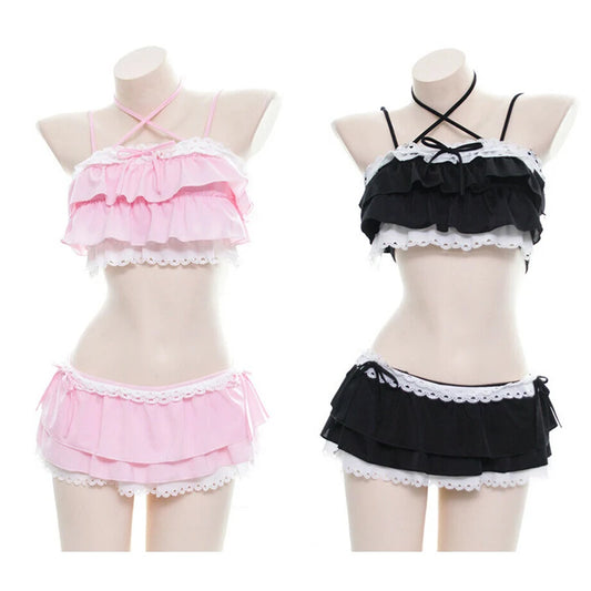 Cute Girls Lolita Ruffle Bikini Sukumizu Cosplay Pink And Black Color Swimsuit Hollowed Multilayer Hem Biquini Women Swimwear