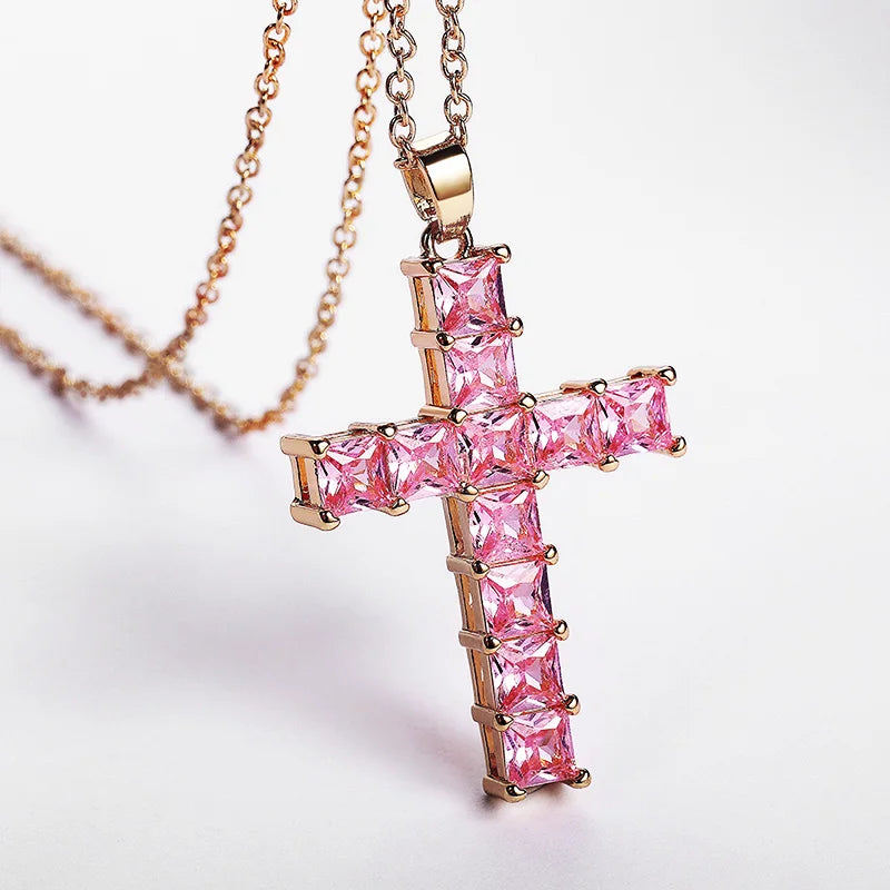 Huitan Hot Sale Female Cross Necklace Inlaid White/Pink Cubic Zirconia Fashionable Versatile Women Necklace for Party Jewelry