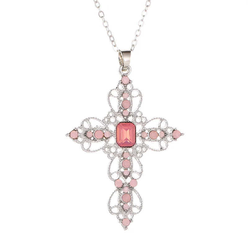 Gothic Pink Cross Necklace Y2K Purple Zircon Punk Pendant Necklace Grunge Heart Cross Necklace for Women Jewelry Accessories