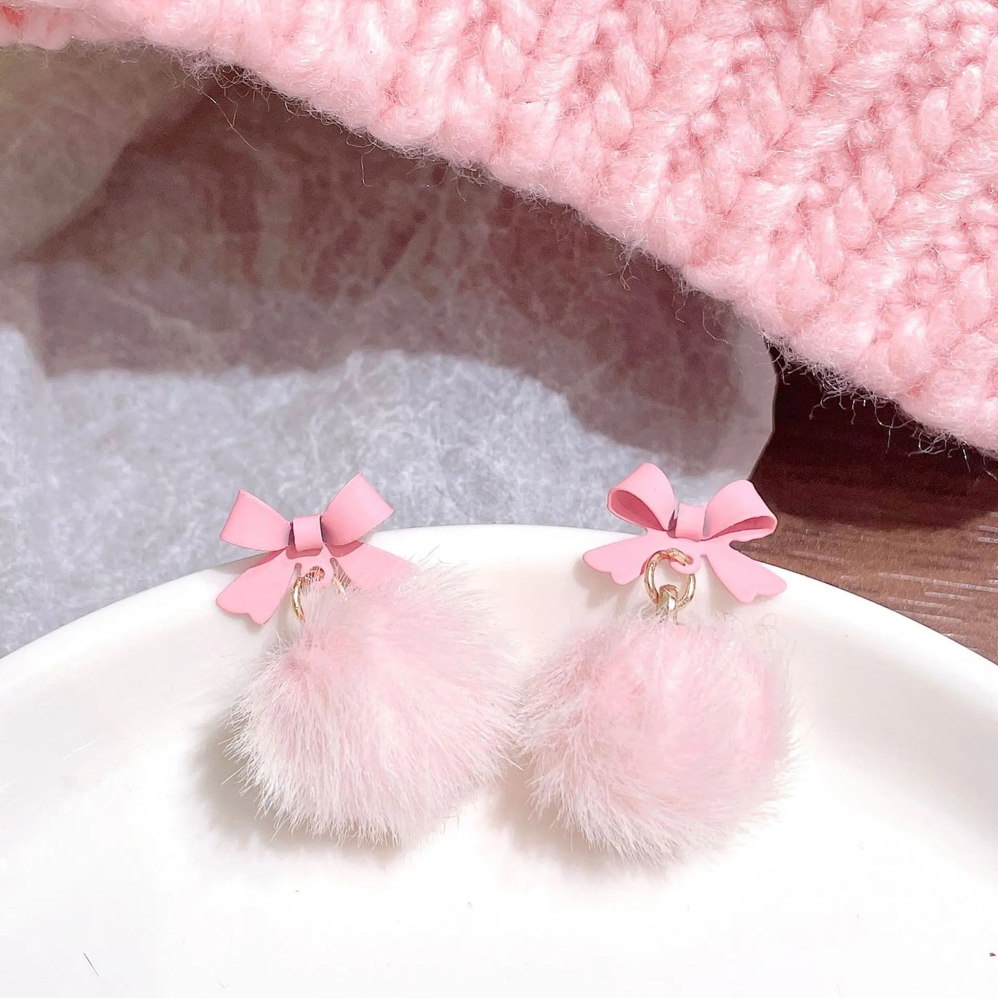 Korean Pink Drop Dangle Earrings for Women Girls Cute Fluffy Ball Bow Pom Earring Fall Winter Kawaii Christmas Kids Jewelry