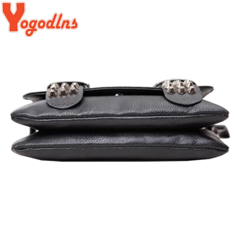 Yogodlns Women Black Leather Messenger Bags Fashion Vintage Messenger Cool Skull Rivets Shoulder Bags sac a main bolsa