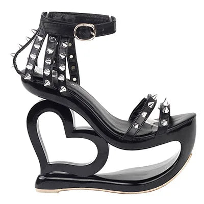 LF40204 Punk Black Spikes Strappy Heart Heel Wedge Evening Sandals Size 4/5/6/7/8/9/10