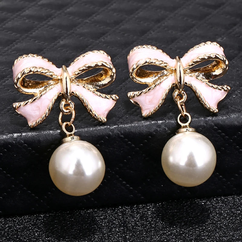 Hot Fashion Cute Pink Bow Earrings Imitation Pearl Earrings Upscale Wedding For Women Girls Party Jewelry Gifts New E8972020