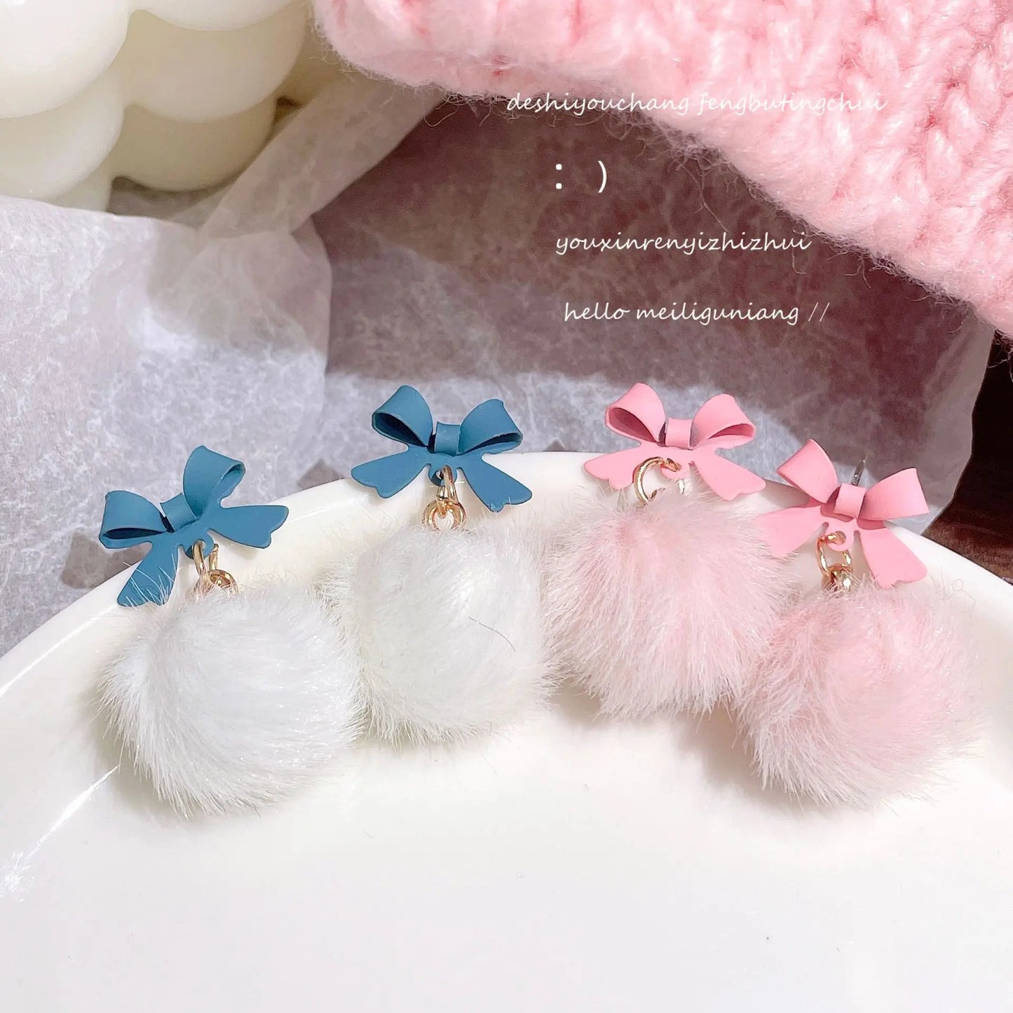 Korean Pink Drop Dangle Earrings for Women Girls Cute Fluffy Ball Bow Pom Earring Fall Winter Kawaii Christmas Kids Jewelry