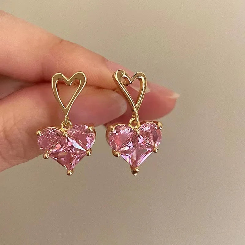 Shiny Pink Crystal Heart Tassel Earrings for Women Creative Zircon Opal Bow Drop Dangling Earrings Y2K Party Jewelry