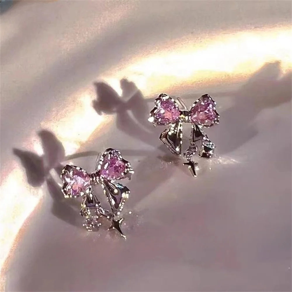 Y2k Bowknot Zircon Stud Earrings For Women Girl Fashion Korean Silver Color Pink Crystal Personality Earring Party Jewelry Gifts