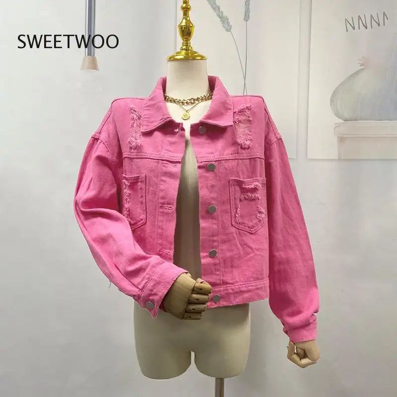 Denim Jacket Women Lapel Long Sleeve Hole Tassel Straight Pink Denim Top Autumn Cotton Vintage Casual Streetwear Coat Ladies