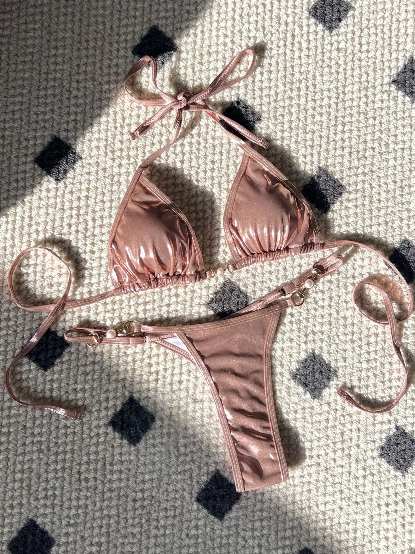 Shiny Pink Micro Bikini 2024 Mujer Women Sexy PU Pearls Push Up Thong Swimsuit Summer Bathing Suit Bandage Holiday Swimwear