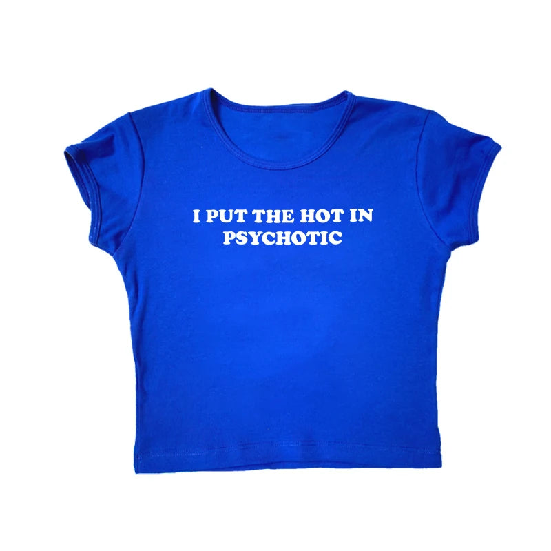 PSYCHOTIC Baby Tee Cute Pink Womens Printed Aesthetic Fairy Crop Tops Y2k Clothes Punk Streetwear Sweet Emo Girls Sexy T-Shirts