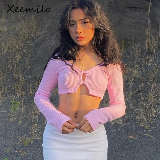 Xeemilo Y2K Pink Ribbed Knit Crop Top French Gentle Long Sleeves Cardigan T Shirt Sexy High-waist Exposed Navel Women Slim Tops