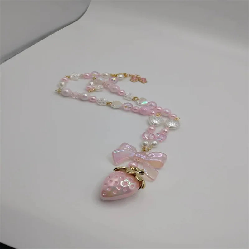 Coquette cottagecore strawberry bow necklace pearl fairycore heart pink white