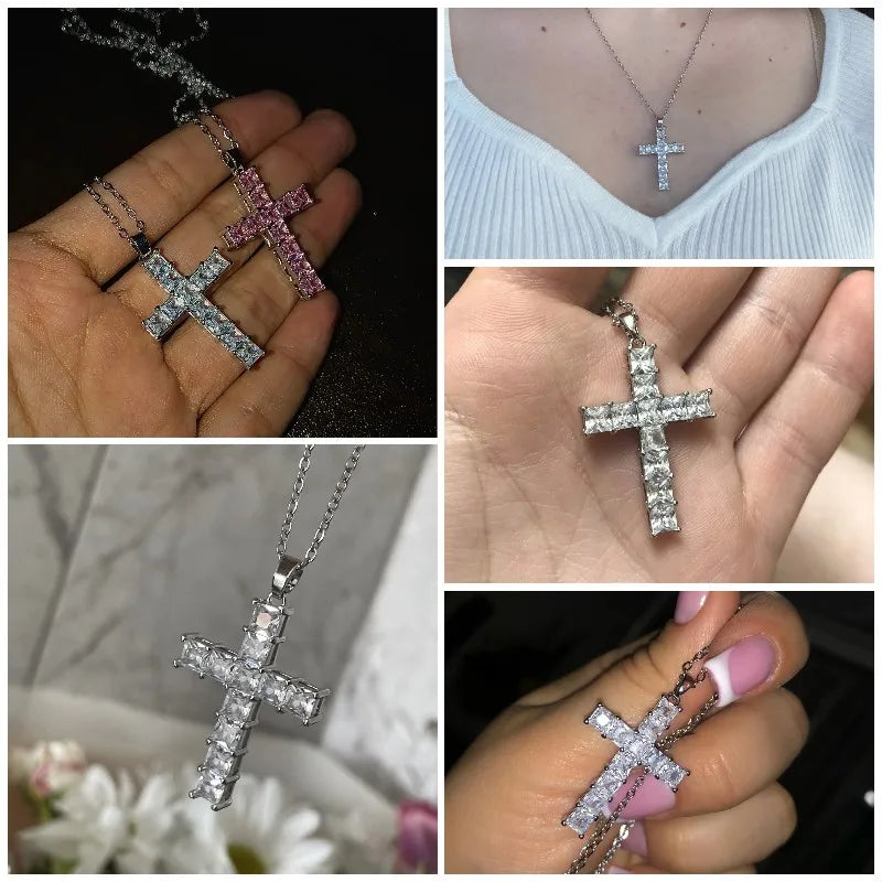 Huitan Hot Sale Female Cross Necklace Inlaid White/Pink Cubic Zirconia Fashionable Versatile Women Necklace for Party Jewelry