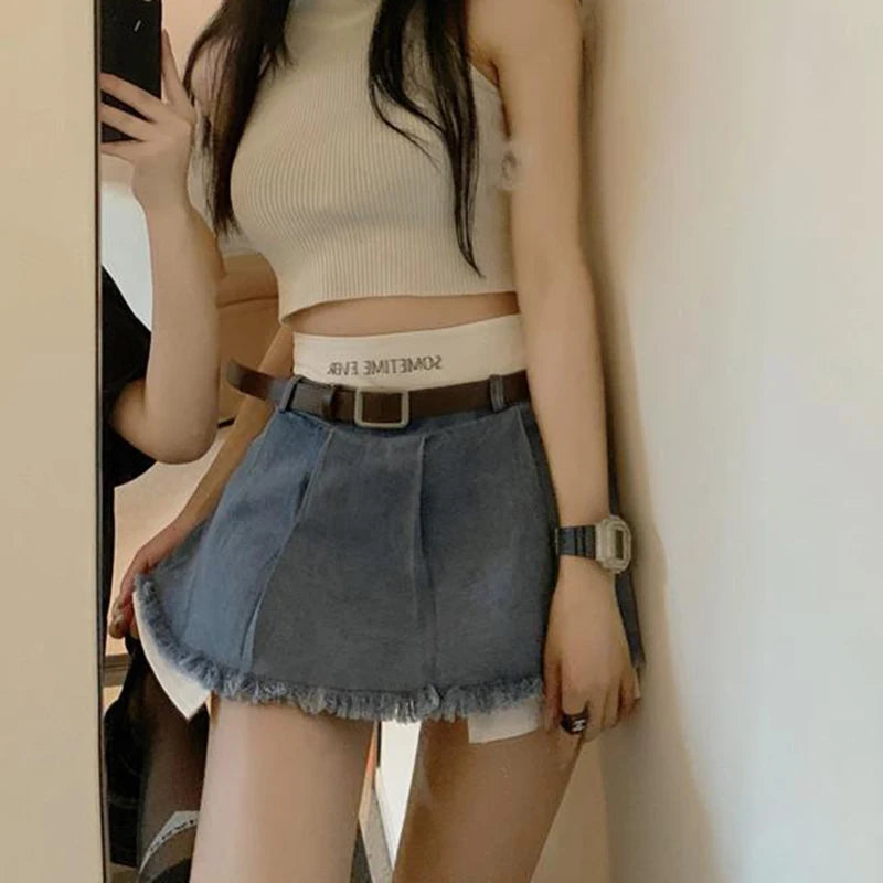 Gidyq High Waist Women Denim Skirts Summer Korean Patchwork Casual Mini Skirts Streetwear Female Tassels A Line Jeans Skirts