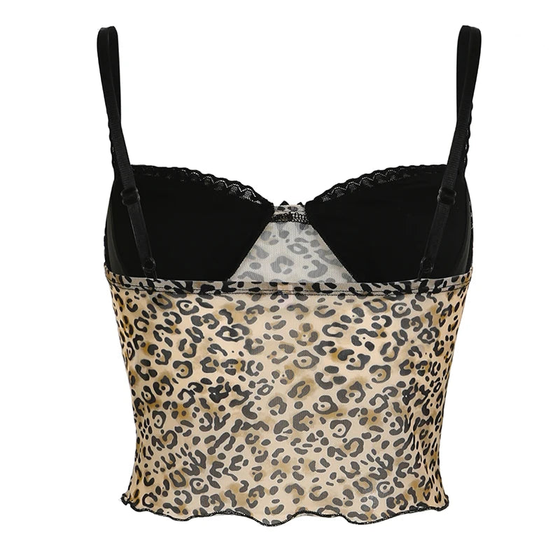 CIBBAR Retro Leopard Print Camis Vintage 2000s Bow Stitched Sleeveless Lace Strap Crop Top Women Summer See Through Mesh Tee y2k