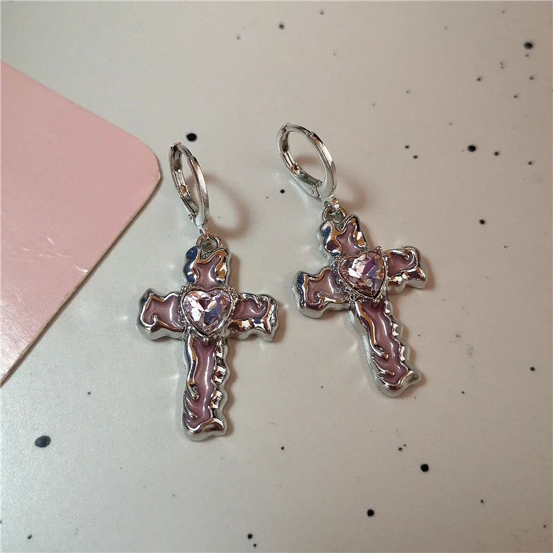 Goth Harajuku Vintage Aesthetic Pink Cross Crystal Star Heart Pendant Earring For Girl Y2K Grunge 2000s EMO Jewelry Accessories