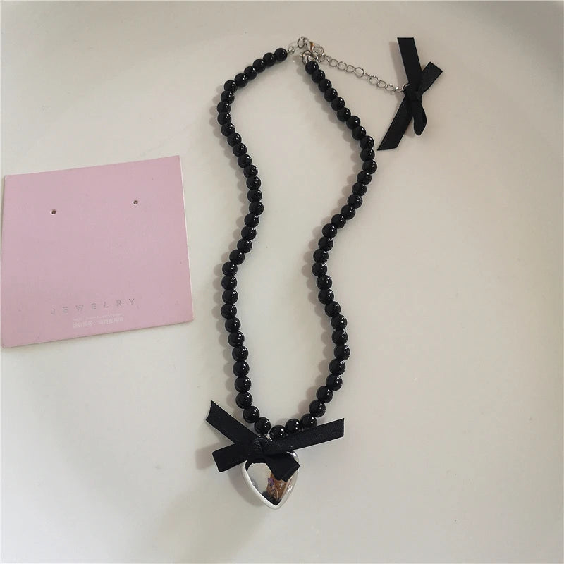 Gothic Cute Y2K Stainless Steel Bow Heart Pink Cross Pendant Beaded Pearl Snake Chain Necklace For Egirl 2000s EMO Acssesories