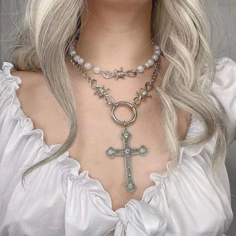 New Pink Cross Necklaces for Women Y2k Fashion Gothic Couple Jewelry Metal Chains Chokers Pendant Necklace Party Jewelry Gifts