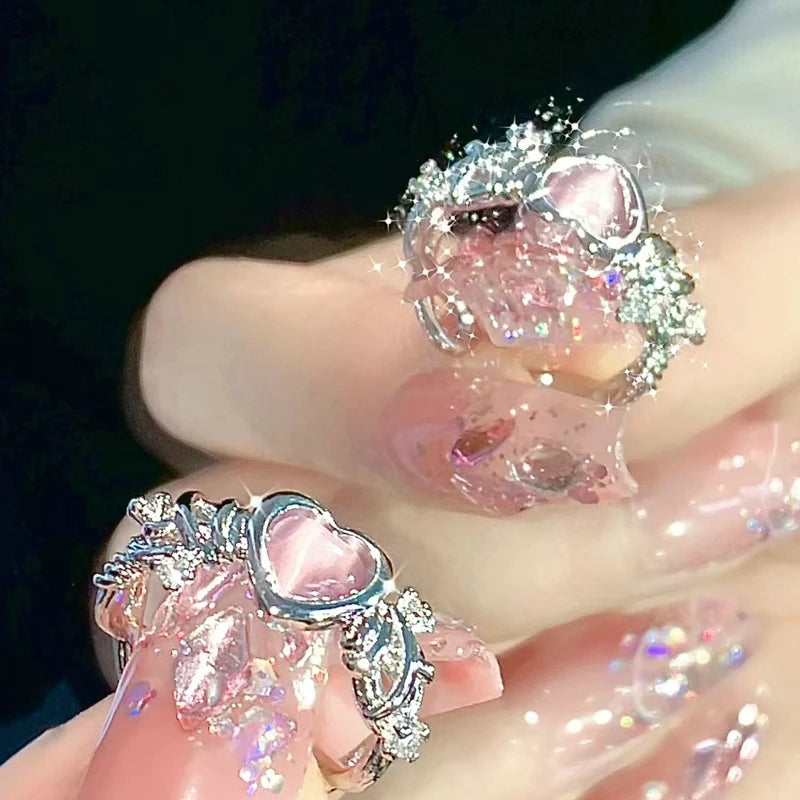 Korean Fashion Sweet Pink Heart Rhinestone Rings Light Luxury Opening Zircon Finger Ring Y2K Girls Women Jewelry Gifts