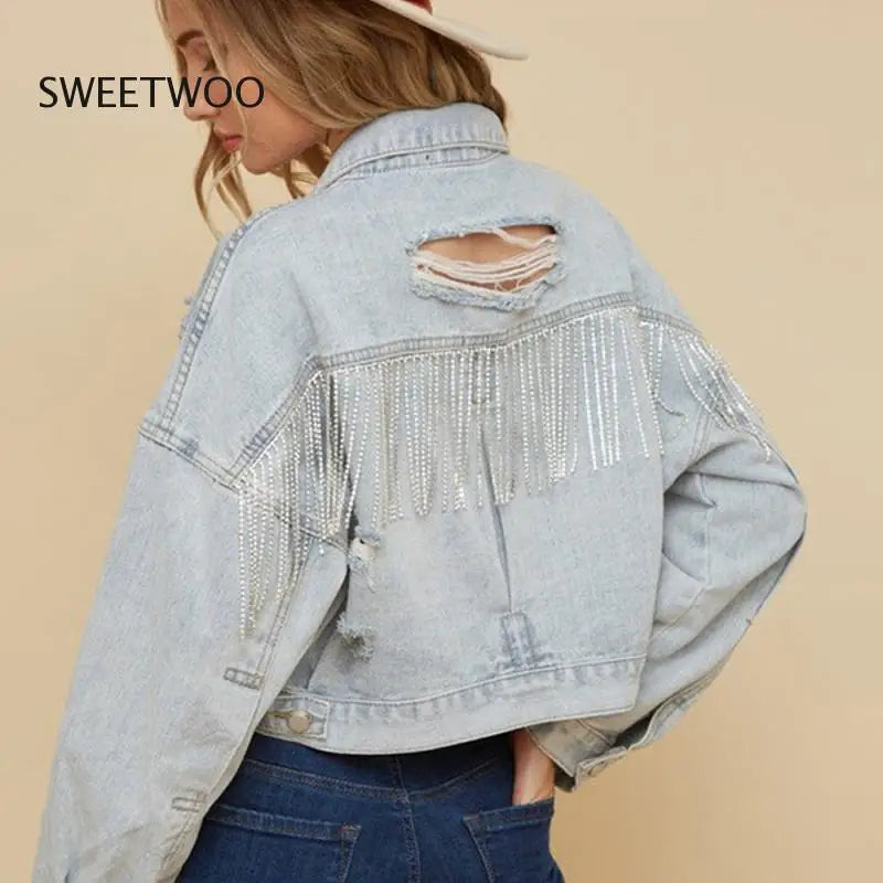 Denim Jacket Women Lapel Long Sleeve Hole Tassel Straight Pink Denim Top Autumn Cotton Vintage Casual Streetwear Coat Ladies