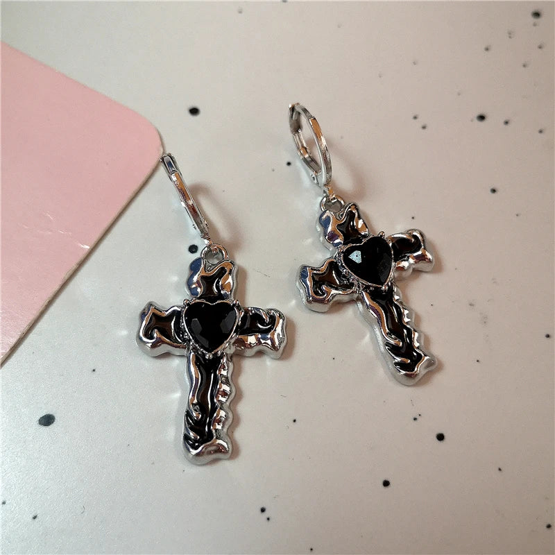 Goth Harajuku Vintage Aesthetic Pink Cross Crystal Star Heart Pendant Earring For Girl Y2K Grunge 2000s EMO Jewelry Accessories