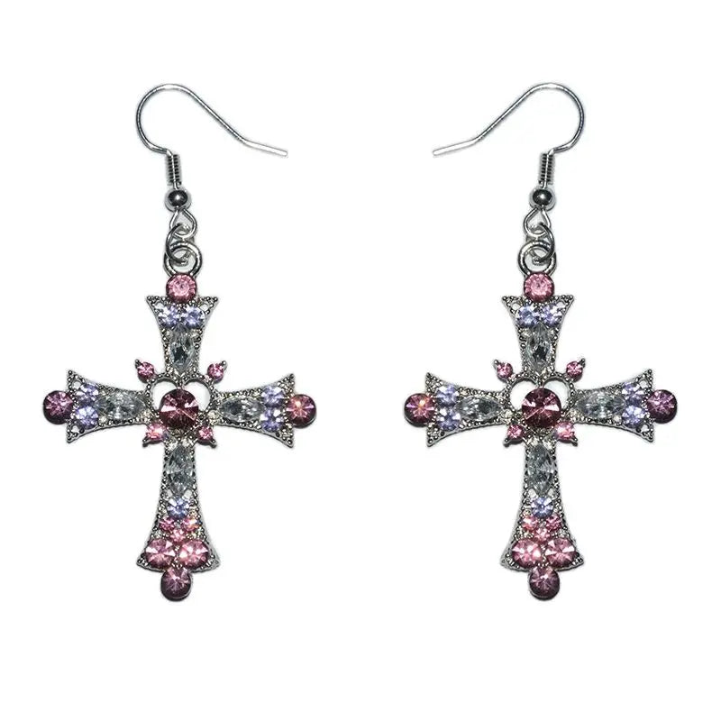 Gothic Pink Heart Cross Earrings Y2K Kpop Purple Zircon Cross Drop Earring for Women Grunge Egirl Earrings Jewelry Accessories