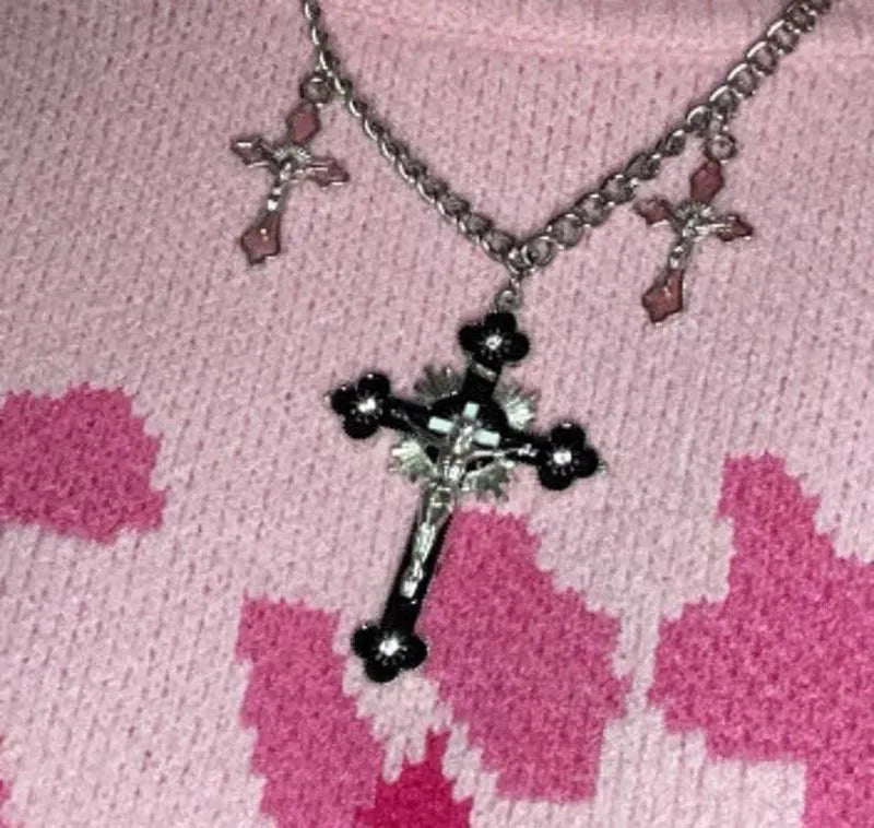 New Pink Cross Necklaces for Women Y2k Fashion Gothic Couple Jewelry Metal Chains Chokers Pendant Necklace Party Jewelry Gifts