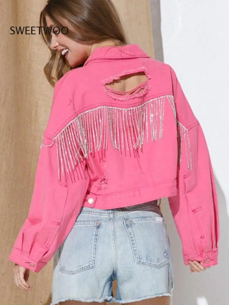 Denim Jacket Women Lapel Long Sleeve Hole Tassel Straight Pink Denim Top Autumn Cotton Vintage Casual Streetwear Coat Ladies