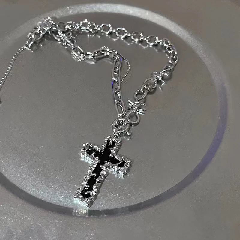 New Pink Cross Necklaces for Women Y2k Fashion Gothic Couple Jewelry Metal Chains Chokers Pendant Necklace Party Jewelry Gifts