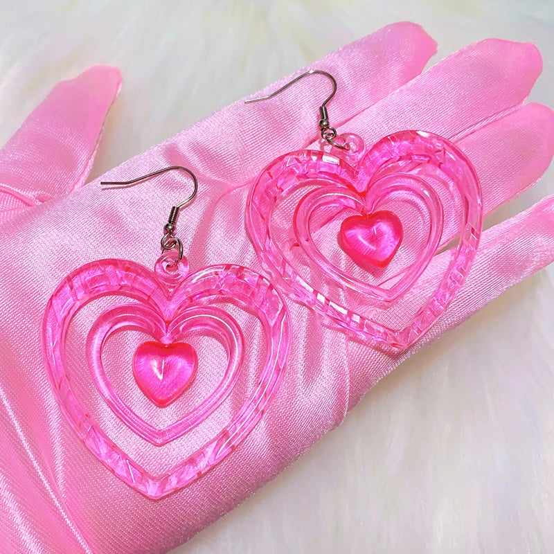 Y2K Earrings Pink Hollowout Heart Earrings Korean Fashion Kawaii Aesthetic Harajuku DIY Love Earrings for Women 2000s Jewelry