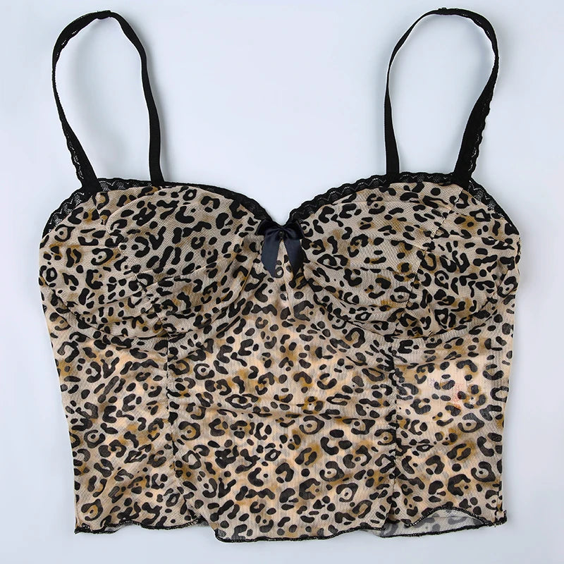 CIBBAR Retro Leopard Print Camis Vintage 2000s Bow Stitched Sleeveless Lace Strap Crop Top Women Summer See Through Mesh Tee y2k