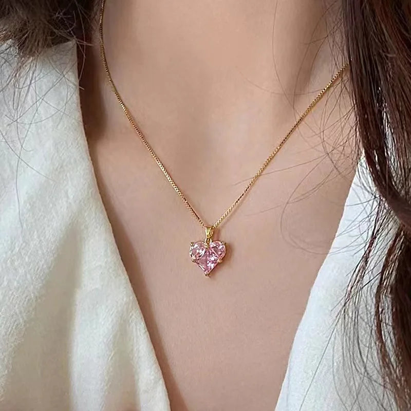 Pink Heart Pendant Necklace for Women Lovers Rhinestione Clavicle Chain Chocker Female Cute Crystal Moonstone Jewlery Gifts