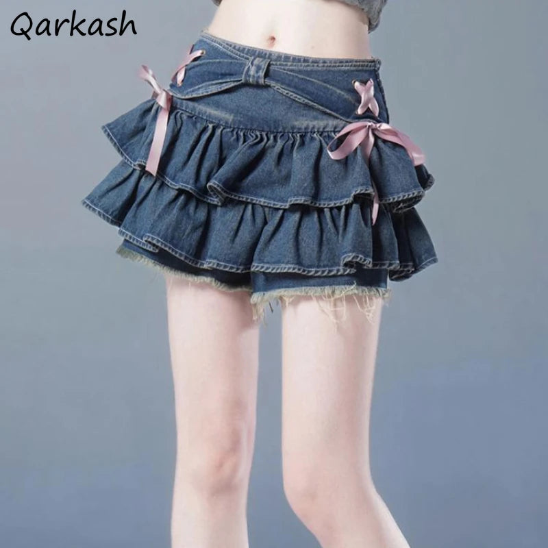 Mini Denim Skirts Women Hot Girls Sweet Kawaii Bow Vintage Y2k Clothes American Streetwear Sexy Summer A-line