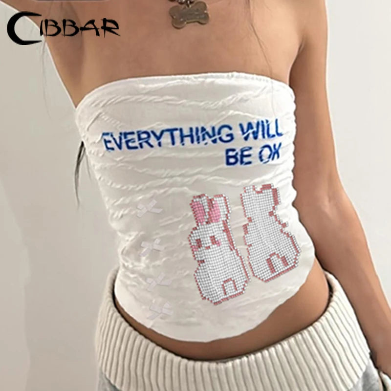 CIBBAR Cute Graphic Strapless Tube Top Women Casual Basic Letter Print Skinny Crop Tops Ladies y2k Aesthetic Summer Tees Vintage