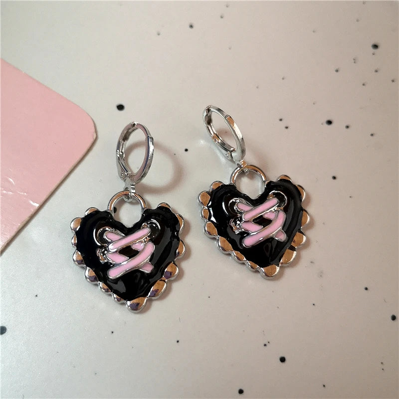 Goth Harajuku Vintage Aesthetic Pink Cross Crystal Star Heart Pendant Earring For Girl Y2K Grunge 2000s EMO Jewelry Accessories