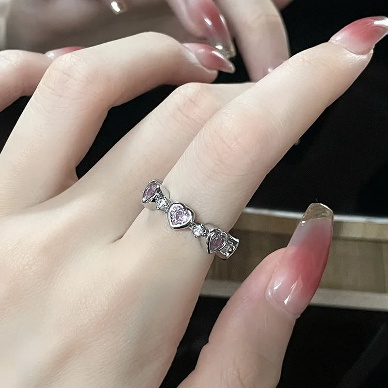 Korean Fashion Sweet Pink Heart Rhinestone Rings Light Luxury Opening Zircon Finger Ring Y2K Girls Women Jewelry Gifts