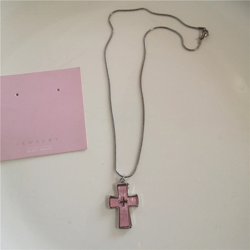 Gothic Cute Y2K Stainless Steel Bow Heart Pink Cross Pendant Beaded Pearl Snake Chain Necklace For Egirl 2000s EMO Acssesories